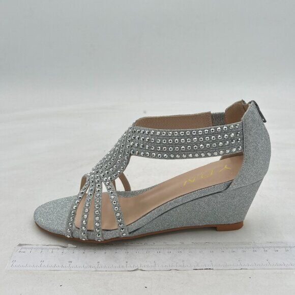 YDN Silver Wedge Glitter Sandals Open Toe Rhinestones Cross Over Straps Shoe - Picture 2 of 8